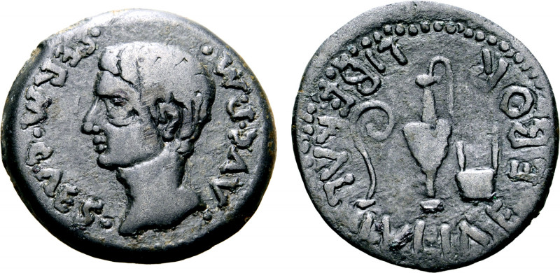 Augustus Æ 23mm of Ebora, Hispania. 12 BC - AD 14. PERM CAES AVG P M, bare head ...