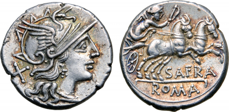 Spurius Afranius AR Denarius. Rome, 150 BC. Head of Roma to right, wearing winge...