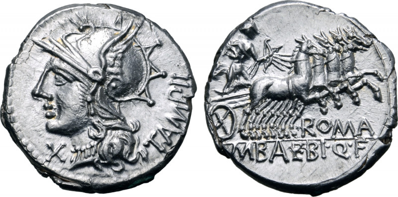 M. Baebius Q. f. Tampilus AR Denarius. Rome, 137 BC. Helmeted head of Roma to le...