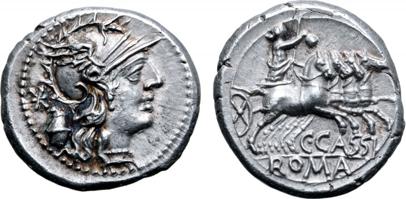 C. Cassius AR Denarius. Rome, 126 BC. Helmeted head of Roma to right; XVI monogr...