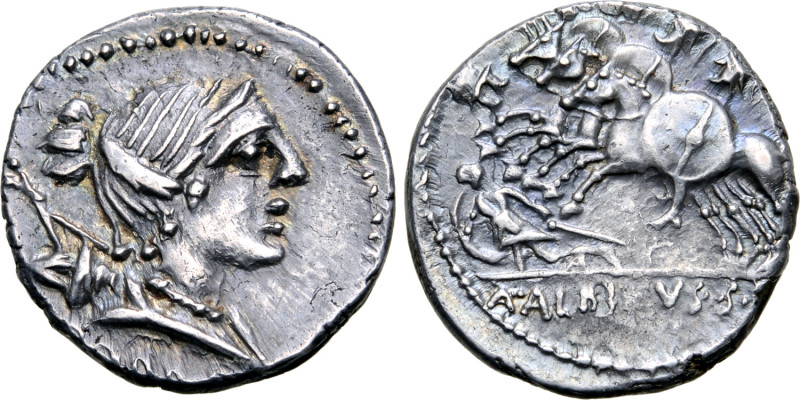 A. Albinus Sp. f. AR Denarius. Rome, 96 BC. Bust of Diana to right, with bow and...