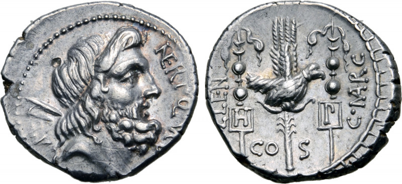 Cn. Nerius, L. Lentulus and Claudius Marcellus AR Denarius. Rome(?), 49 BC. Head...