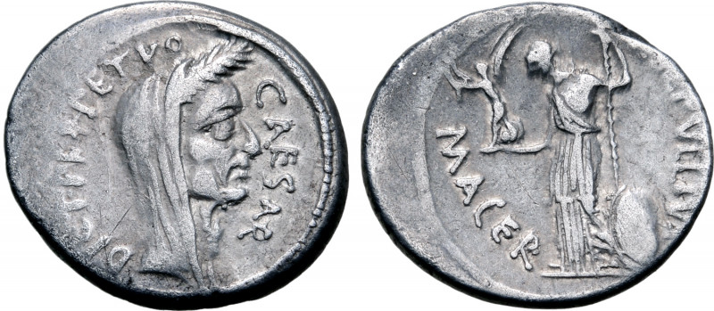 Julius Caesar AR Denarius. Rome, February - March 44 BC. P. Sepullius Macer, mon...
