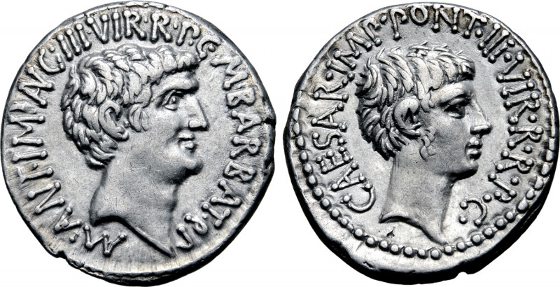 Marc Antony and Octavian AR Denarius. Military mint moving with Antony (Ephesus?...
