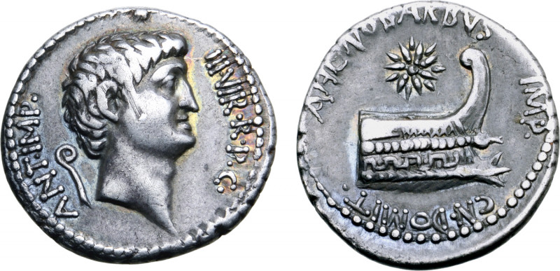Marc Antony AR Denarius. Uncertain (Corcyra?) mint, Summer 40 BC. Cn. Domitius A...