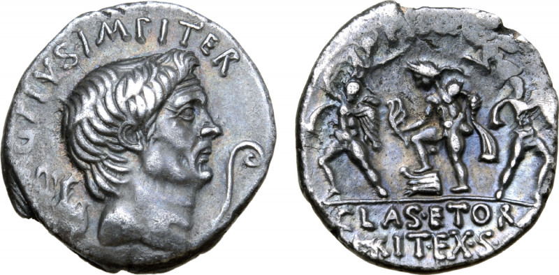 Sextus Pompey AR Denarius. Uncertain mint in Sicily (Catania?), 42-40 BC. Bare h...