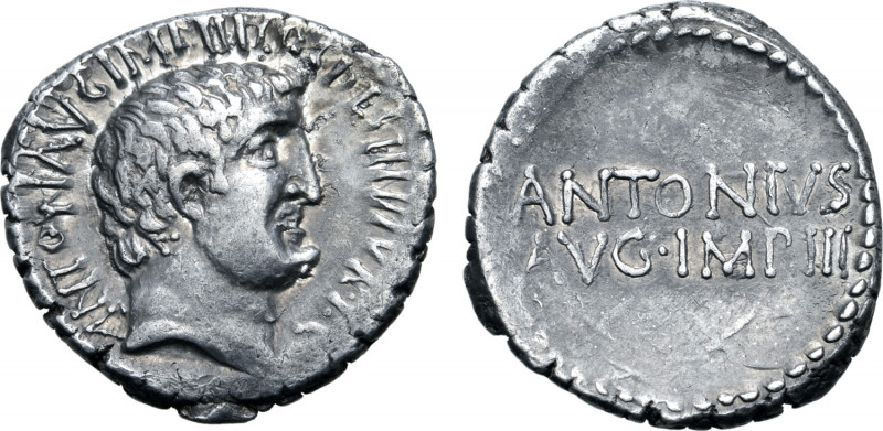 Marc Antony AR Denarius. Athens, summer 32 BC. Bare head to right, small P (engr...