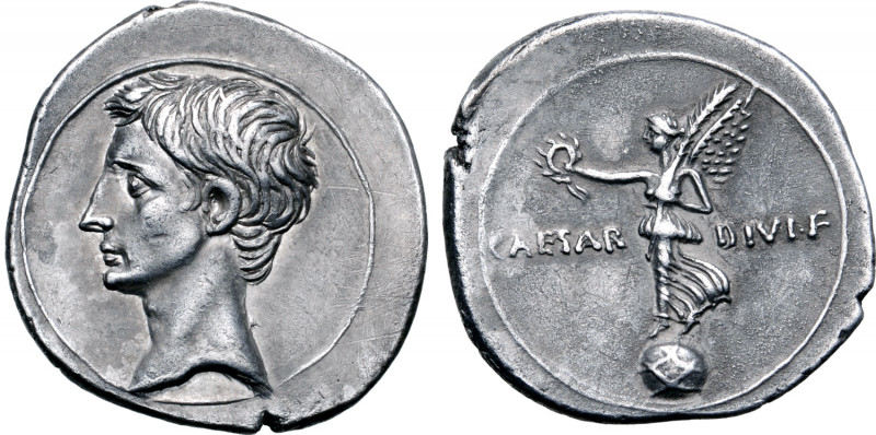 Octavian AR Denarius. Italian mint (Rome?), autumn 31 - summer 30 BC. Bare head ...