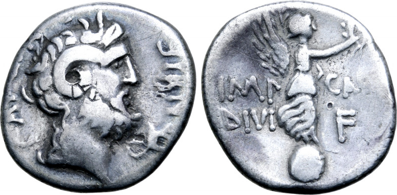 Octavian AR Denarius. Cyrene, autumn 31 BC. L. Pinarius Scarpus, Imperator. Head...