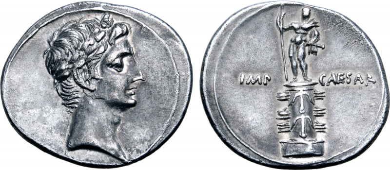 Octavian AR Denarius. Italian mint (Rome?), 30-29 BC. Laureate head to right / R...