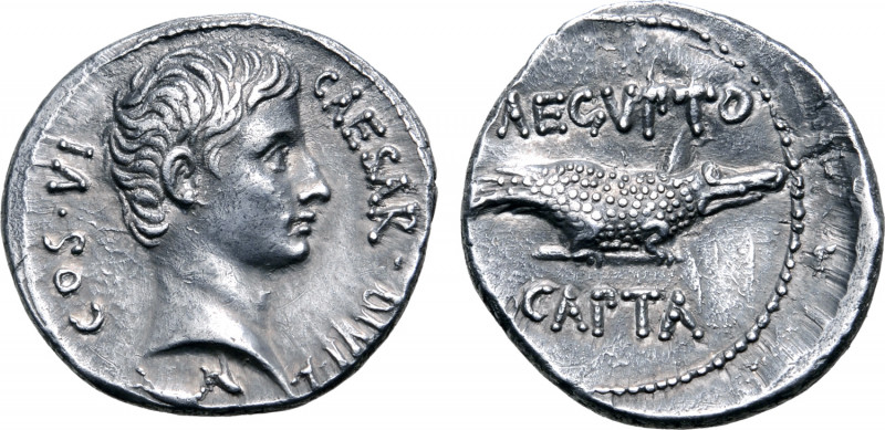 Octavian AR Denarius. Uncertain mint, 28 BC. CAESAR • DIVI • F COS • VI, bare he...