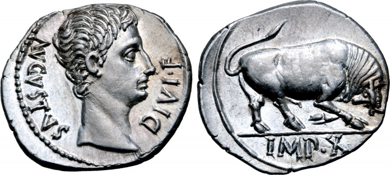 Augustus AR Denarius. Lugdunum, 15-13 BC. AVGVSTVS DIVI•F, bare head to right / ...