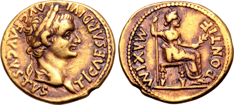 Tiberius AV Aureus. Lugdunum, circa AD 14-37. TI CAESAR DIVI AVG F AVGVSTVS, lau...