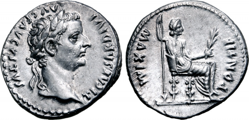 Tiberius AR Denarius. Lugdunum, circa AD 14-37. TI CAESAR DIVI AVG F AVGVSTVS, l...
