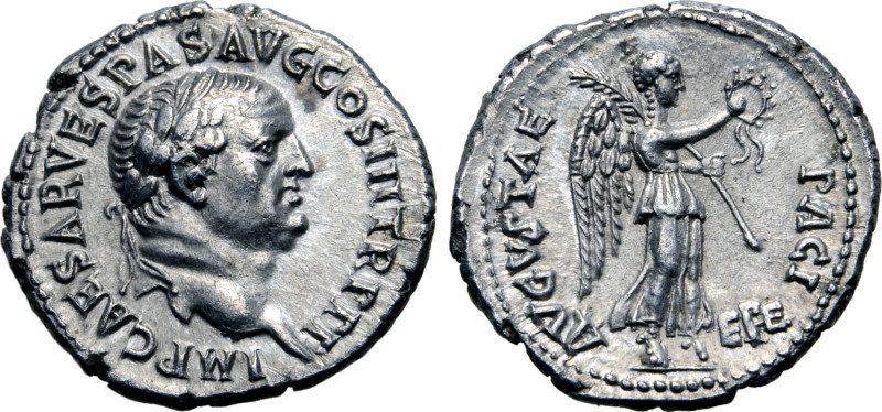 Vespasian AR Denarius. Ephesus, AD 71. IMP CAESAR VESPAS AVG COS III TR P P P, l...