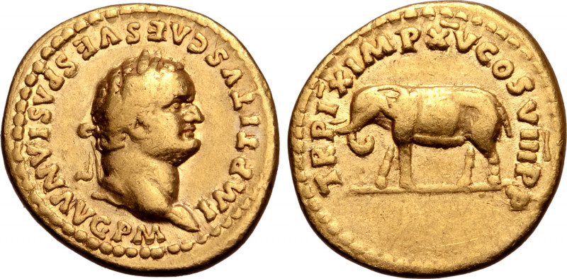 Titus AV Aureus. Rome, AD 80. IMP TITVS CAES VESPASIAN AVG P M, laureate head to...