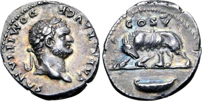 Domitian, as Caesar, AR Denarius. Rome, AD 77-78. CAESAR AVG F DOMITIANVS, laure...