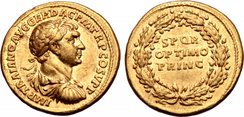 Trajan AV Aureus. Rome, AD 107. IMP TRAIANO AVG GER DAC P M TR P COS V P P, laur...