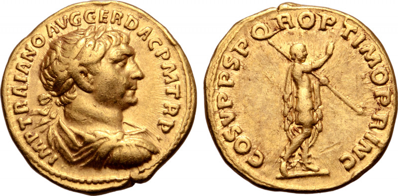 Trajan AV Aureus. Rome, AD 108-110. IMP TRAIANO AVG GER DAC P M TR P •, laureate...