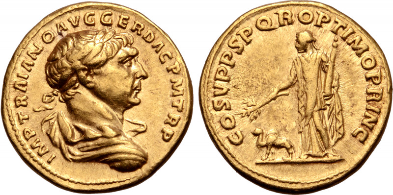 Trajan AV Aureus. Rome, AD 108-110. IMP TRAIANO AVG GER DAC P M TR P, laureate, ...