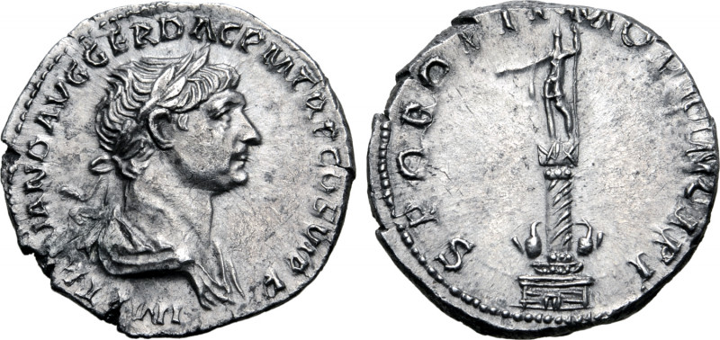 Trajan AR Denarius. Rome, AD 113-114. IMP TRAIANO AVG GER DAC P M TR P COS VI P ...