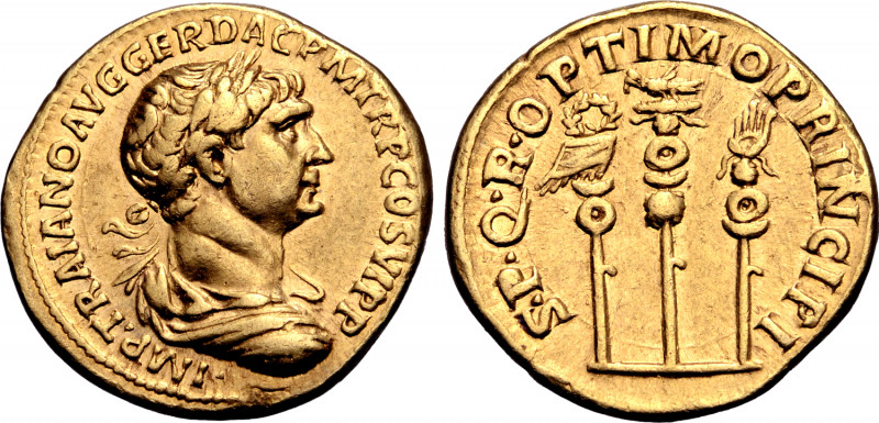 Trajan AV Aureus. Rome, AD 113-114. • IMP • TRAIANO AVG GER DAC P M TR P COS VI ...