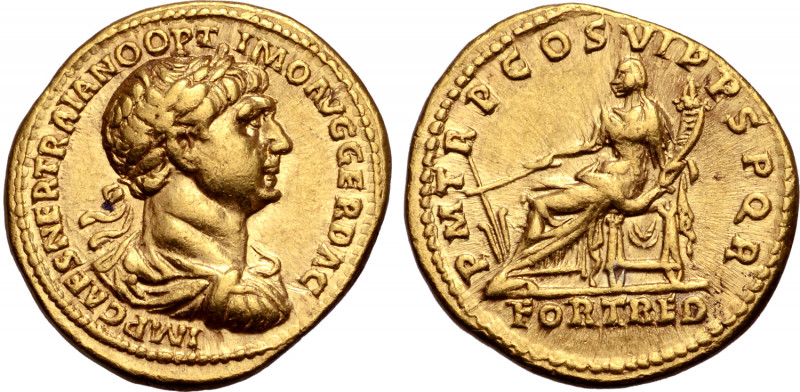 Trajan AV Aureus. Rome, AD 114-116. IMP CAES NER TRAIANO OPTIMO AVG GER DAC, lau...