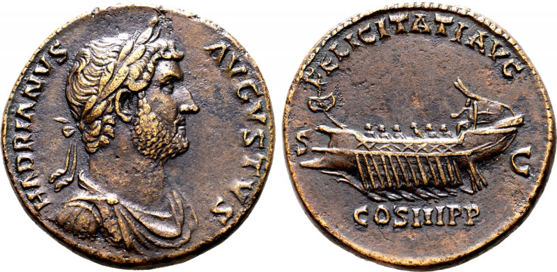 Hadrian Æ Sestertius. Rome, AD 129-130. HADRIANVS AVGVSTVS, laureate, draped and...