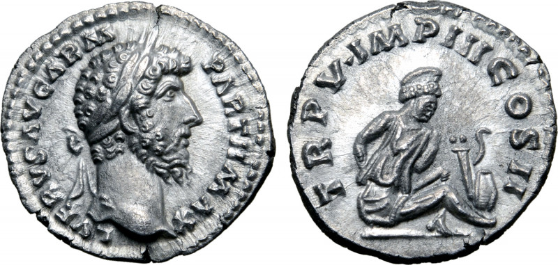 Lucius Verus AR Denarius. Rome, AD 165. L VERVS AVG ARM PARTH PAX, laureate head...