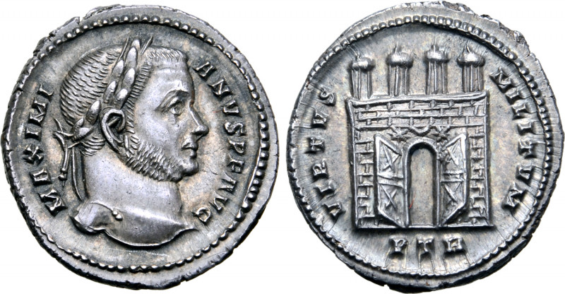 Maximian AR Argenteus. Treveri, AD 306-307. MAXIMIANVS P F AVG, laureate head to...