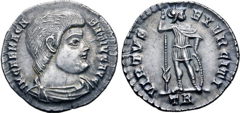 Magnentius AR Siliqua. Treveri, AD 350. IM CAE MAGNENTIVS AVG, bare-headed and d...