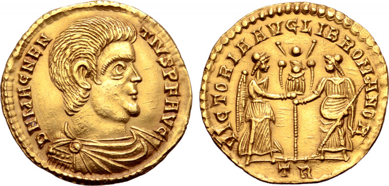 Magnentius AV Solidus. Treveri, AD 351. D N MAGNENTIVS P F AVG, bare-headed, dra...