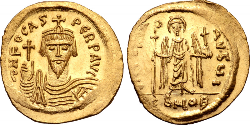 Phocas AV Solidus. Constantinople, AD 607-610. ∂ N FOCAS PЄRP AVC, draped and cu...