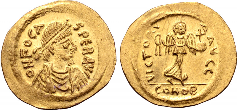 Phocas AV Semissis. Constantinople, AD 607-610. O N FOCAS PЄR AVI, pearl-diademe...