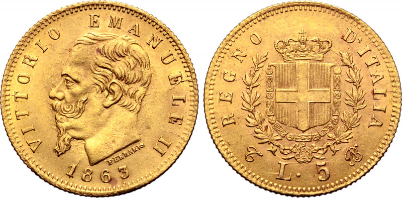 Italy, Kingdom. Vittorio Emanuele II AV 5 Lire. Torino mint, 1863. Dies by Giuse...