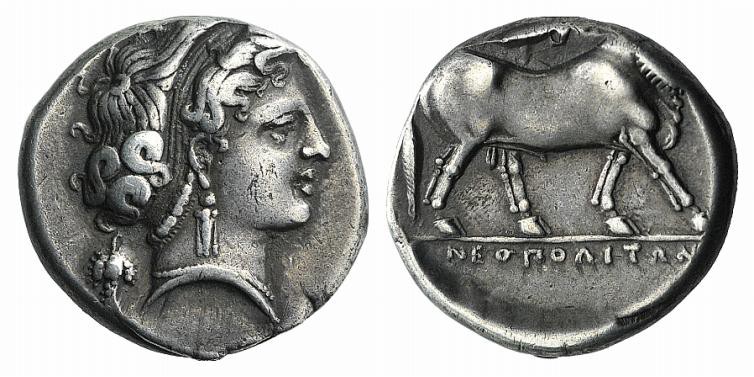 Campania, Neapolis, c. 320-300 BC. AR Didrachm (20mm, 7.43g, 12h). Head of nymph...
