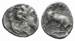 Southern Lucania, Thourioi, c. 350-300 BC. AR Triobol (10.5mm, 1.09g, 3h). Head of Athena r., wearing crested Attic helmet decorated with Skylla. R/ B...