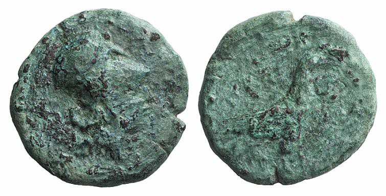 Bruttium, Laos, c. 350-300 BC. Æ (15mm, 2.92g, 6h). Head of Athena r., wearing C...