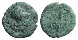 Bruttium, Laos, c. 350-300 BC. Æ (15mm, 2.92g, 6h). Head of Athena r., wearing Corinthian helmet. R/ Bird standing r. Cf. HNItaly 2308 (bird l.). Rare...