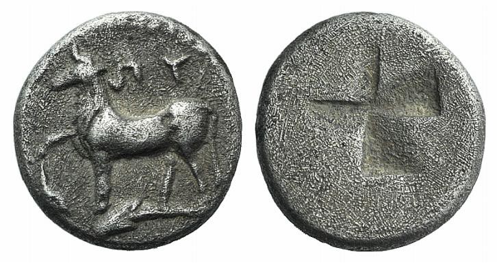 Thrace, Byzantion, 416-357 B.C. AR Diobol (9mm, 1.15g, 12h). Heifer standing l.;...