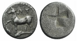 Thrace, Byzantion, 416-357 B.C. AR Diobol (9mm, 1.15g, 12h). Heifer standing l.; dolphin below. R/ Quadripartite incuse square with mill-sail pattern....