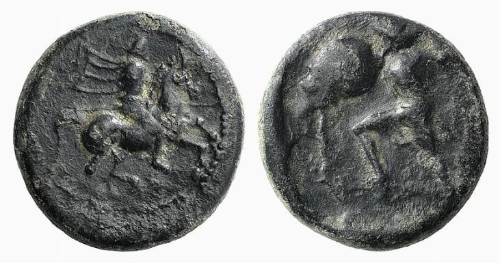 Thessaly, Pelinna, c. 400-375 BC. Æ Chalkous (13mm, 2.21g, 6h). Horseman r., rai...