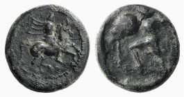 Thessaly, Pelinna, c. 400-375 BC. Æ Chalkous (13mm, 2.21g, 6h). Horseman r., raising spear to strike. R/ Warrior advancing l., wearing petasos, holdin...