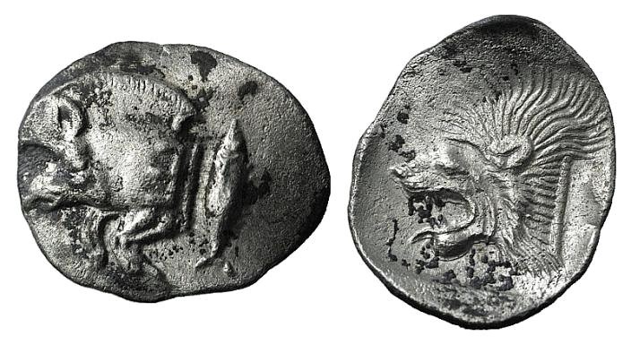 Mysia, Kyzikos, c. 450-400 BC. AR Obol (12mm, 0.79g, 9h). Forepart of boar l.; t...