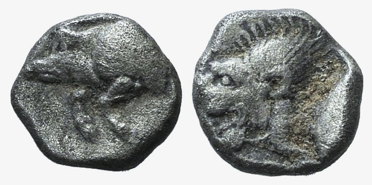 Mysia, Kyzikos, c. 450-400 BC. AR Obol (8mm, 0.78g, 3h). Forepart of boar l.; to...
