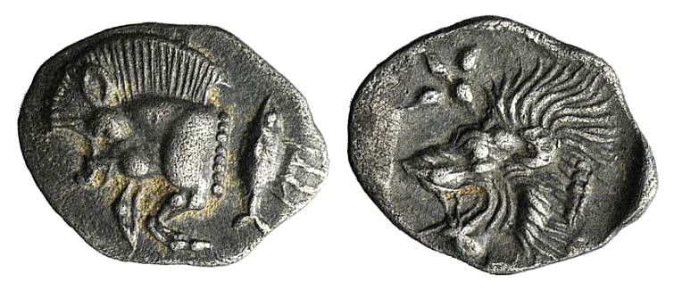 Mysia, Kyzikos, c. 450-400 BC. AR Hemiobol (9mm, 0.39g, 6h). Forepart of boar l....