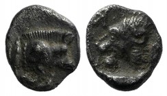 Mysia, Kyzikos, c. 450-400 BC. AR Hemiobol (6mm, 0.30g, 7h). Forepart of boar r.; tunny to l. R/ Head of roaring lion l., retrograde K to l.; all with...
