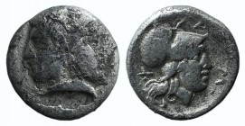 Mysia, Lampsakos, 4th-3rd centuries BC. AR Diobol (11mm, 1.09g, 2h). Female janiform head. R/ Head of Athena r., wearing crested Corinthian helmet. SN...