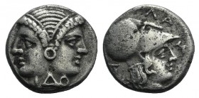 Mysia, Lampsakos, 4th-3rd centuries BC. AR Diobol (10mm, 1.30g, 12h). Female janiform head; I∆O across neck truncation. R/ Head of Athena r., wearing ...