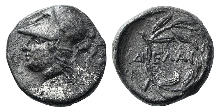 Aeolis, Elaia, c. 450-400 BC. AR Diobol (9mm, 1.03g, 6h). Helmeted head of Athen...